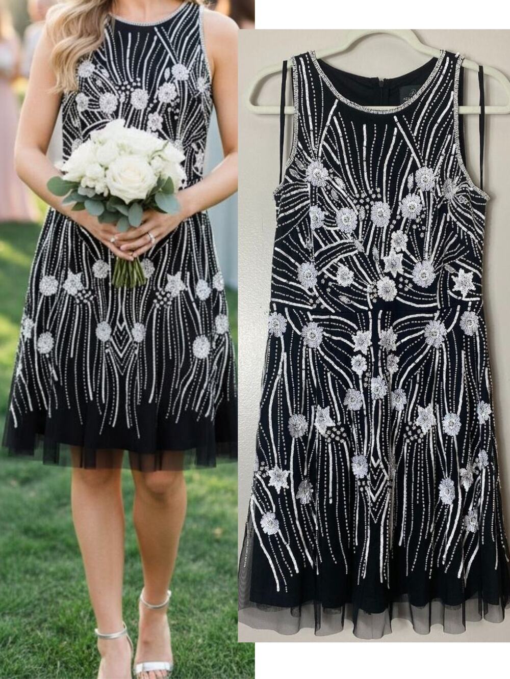 ADRIANNA PAPELL DRESS 8 WEDDING GUEST SEQUIN BLACK WHITE 3D FLORAL BEADED SHORT